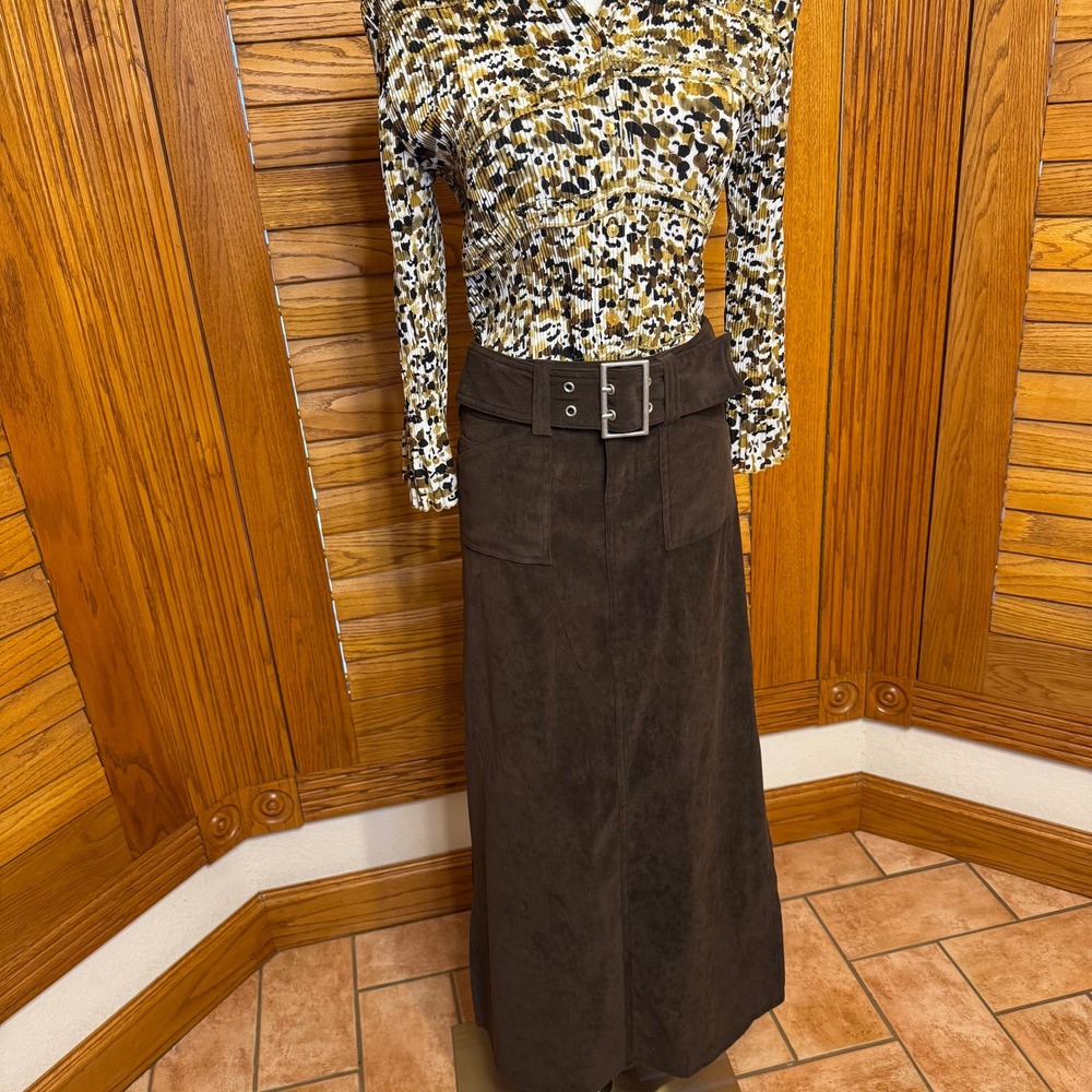 Vintage Tracy Evans Brown Faux Suede Belted Low Rise Maxi Skirt